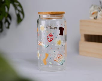 Guam Glass Cup 16oz with Metal Straw Bamboo Lid | Cute Aesthetic Iced Coffee Cup | Guahan | Chamoru | Guam Gift