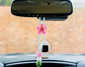 Onigiri Sakura Dango Rearview Mirror Accessory | Car Hanger | Handmade Crochet | Car Charm | Cherry Blossom | Kawaii Gift | Japan Souvenir
