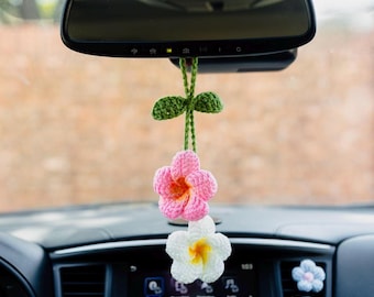 Plumeria Rearview Mirror Accessory | Car Hanger | Car Charm | Handmade Crochet | Island | Tropical | Flower | Souvenir | Cute Gift Idea