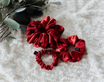 Deep Red Satin Scrunchies | Christmas Gift | Large Scrunchie | Medium Scrunchie | Small Scrunchie | Bridal Gift | Silky | Hair Care