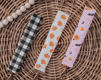 Halloween Autumn Key Wristlets | Key fob | Keychain | Spooky Cute | Pink Halloween | Black White Gingham | Cute Pumpkins | Handmade Gift