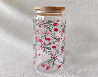 Coquette Glass Cup 16oz with Metal Straw Bamboo Lid | Pink Bows Tulips | Cute Aesthetic Iced Coffee Cup | Spring | Cute Gift