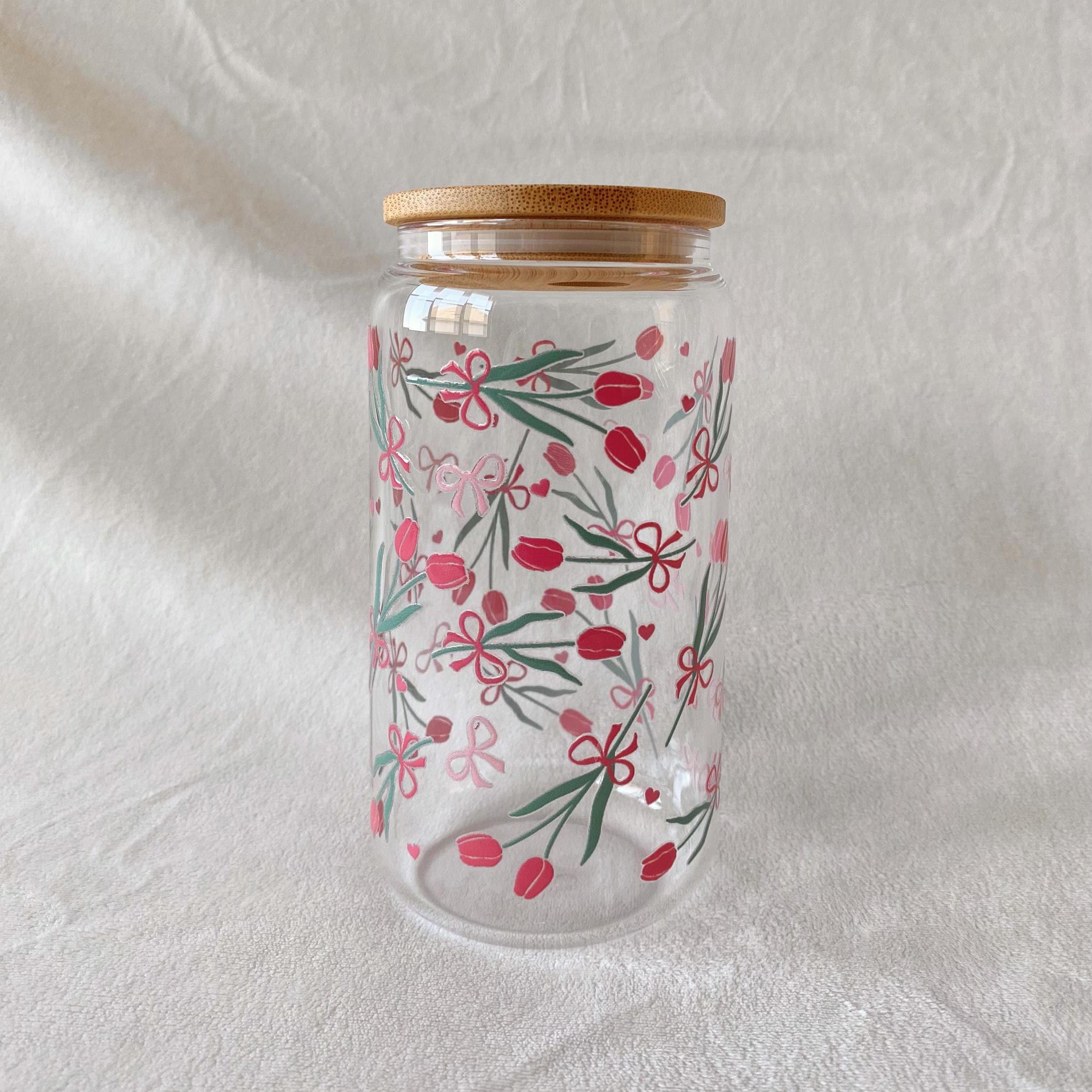 Coquette Glass Cup 16oz With Metal Straw Bamboo Lid | Pink Bows Tulips ...