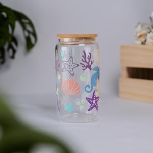 Ocean Glass Cup 16 oz | Glassware | Iced Coffee | Aesthetic Cup | Seahorse | Seashell | Starfish | Coral | Ocean Design | Beach Theme