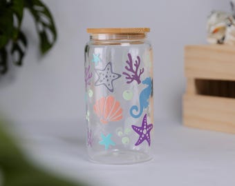 Tropical Ocean Glass Cup 16 oz with Metal Straw Bamboo Lid | Cute Aesthetic Iced Coffee Cup | Seahorse | Seashell | Starfish | Coral