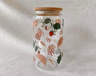 Cottage Core Glass Cup 16oz with Metal Straw Bamboo Lid | Cute Aesthetic Iced Coffee Cup | Bows | Croissant | Strawberry | Cute Gift