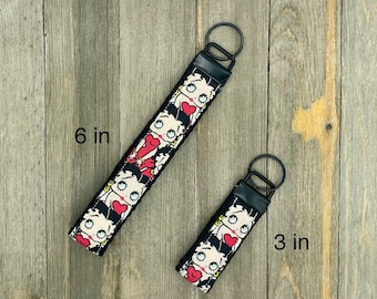 Betty Boop Print Car Key Fob for House Keys, Wristlet Keychain, Keyring, Fabric Keyfob, Keychain Wristlet