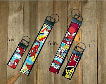 Spiderman Comic Print Car Key Fob for House Keys, Wristlet Keychain, Keyring, Fabric Keyfob, Keychain Wristlet