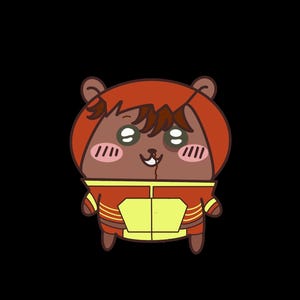 May include: A cartoon illustration of a brown bear character wearing a red and yellow outfit with a hood. The bear has a smiling expression, rosy cheeks, and green eyes. The background is solid black.