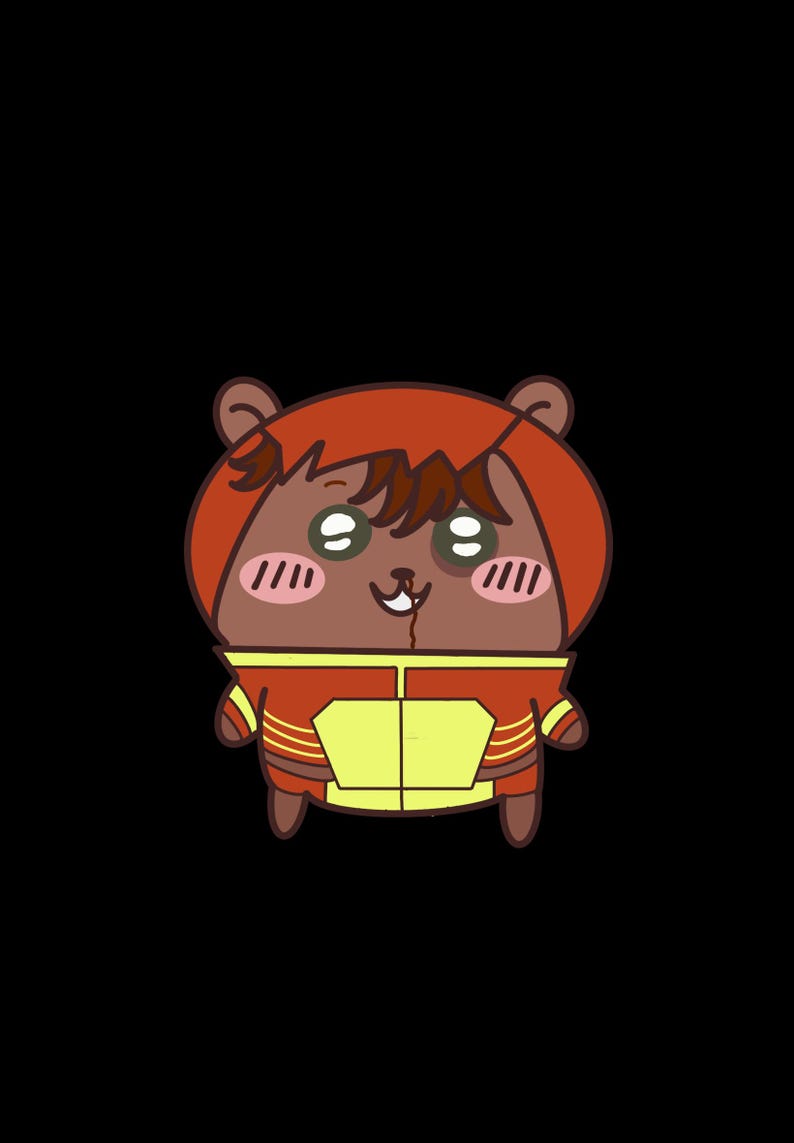 May include: A cartoon illustration of a brown bear character wearing a red and yellow outfit with a hood. The bear has a smiling expression, rosy cheeks, and green eyes. The background is solid black.