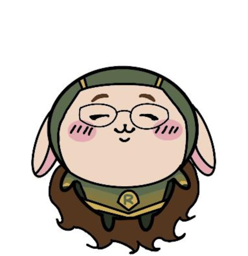 May include: A cartoon illustration of a rabbit-like character wearing glasses and a green helmet. The character has rosy cheeks and a brown, furry collar. A gold and green uniform with a letter "R" is visible.