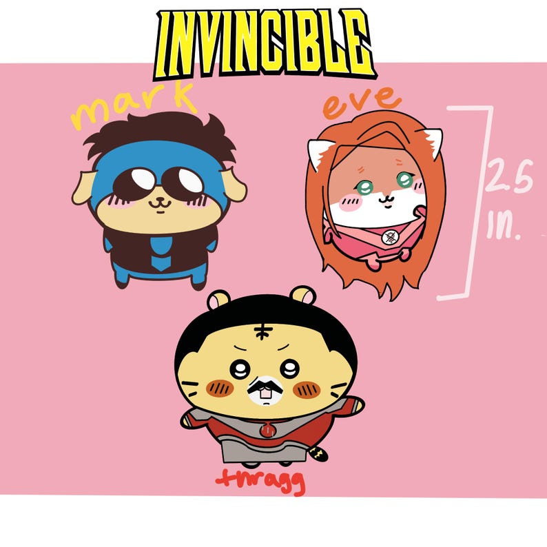May include: A pink background features three cartoon characters from the Invincible series. The characters are drawn in a cute style, with the text "INVINCIBLE" at the top. The image includes a 2.5-inch measurement.