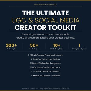 Könnte beinhalten: Digitaler Download-Grafik mit dem Text "THE ULTIMATE UGC & SOCIAL MEDIA CREATOR TOOLKIT". Es enthält Prompts, Skripte, Vorlagen und ein komplettes System, um Kreativen zu helfen, Markendeals zu erhalten. Dunkelblauer Hintergrund.