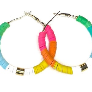 Beaded Rainbow Hoop Earrings, Multicolor Hoop Earrings, Heishi Rainbow Earrings, Bright Beaded Hoops, Colorful Beaded Heishi Jewelry