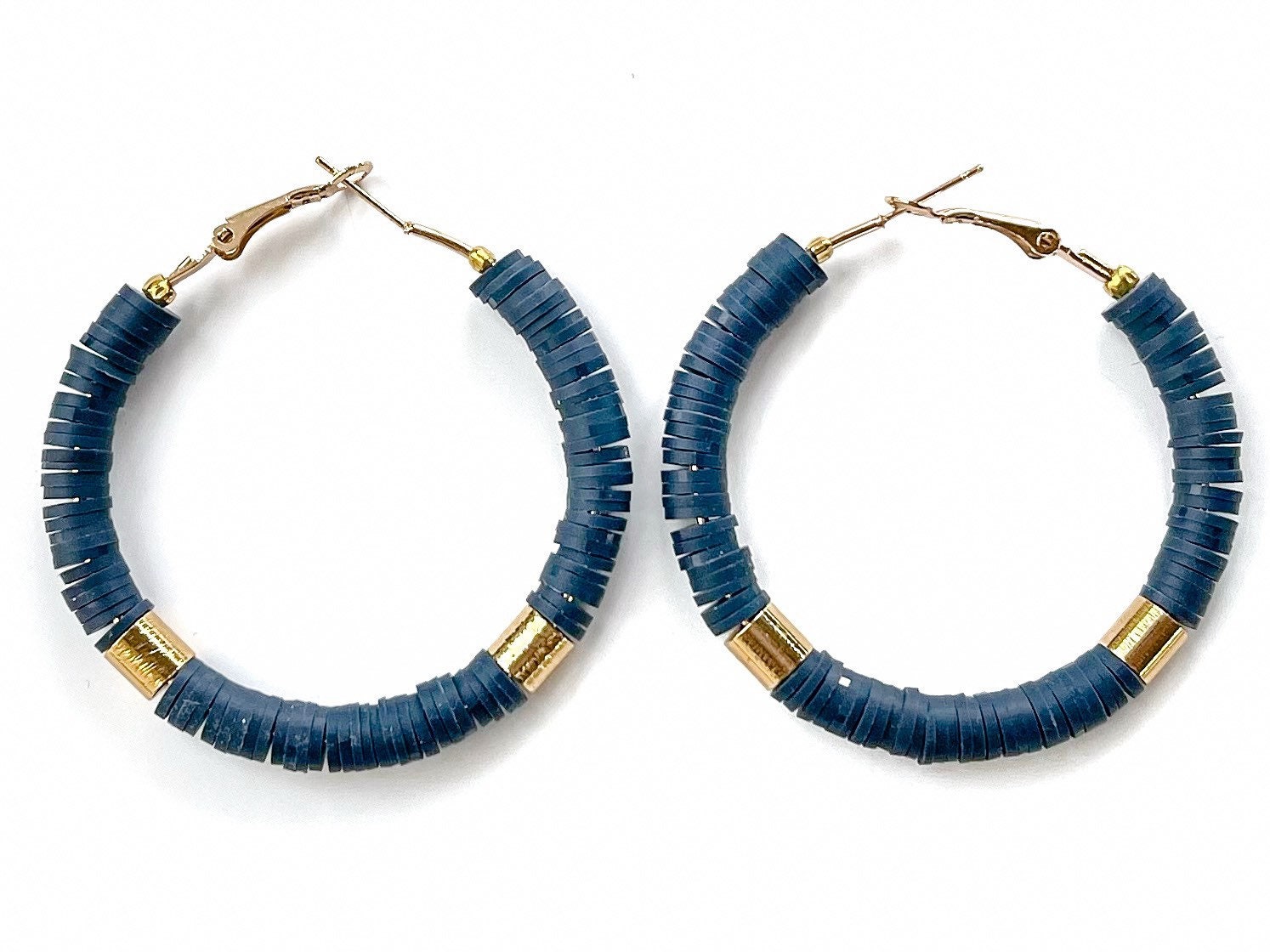 Navy Gold Earrings, Navy Hoops, Beaded Hoop Earrings Navy, Dark Blue ...