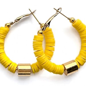 Yellow Clay Heishi Bead Hoop Earrings: 18k Gold Plated