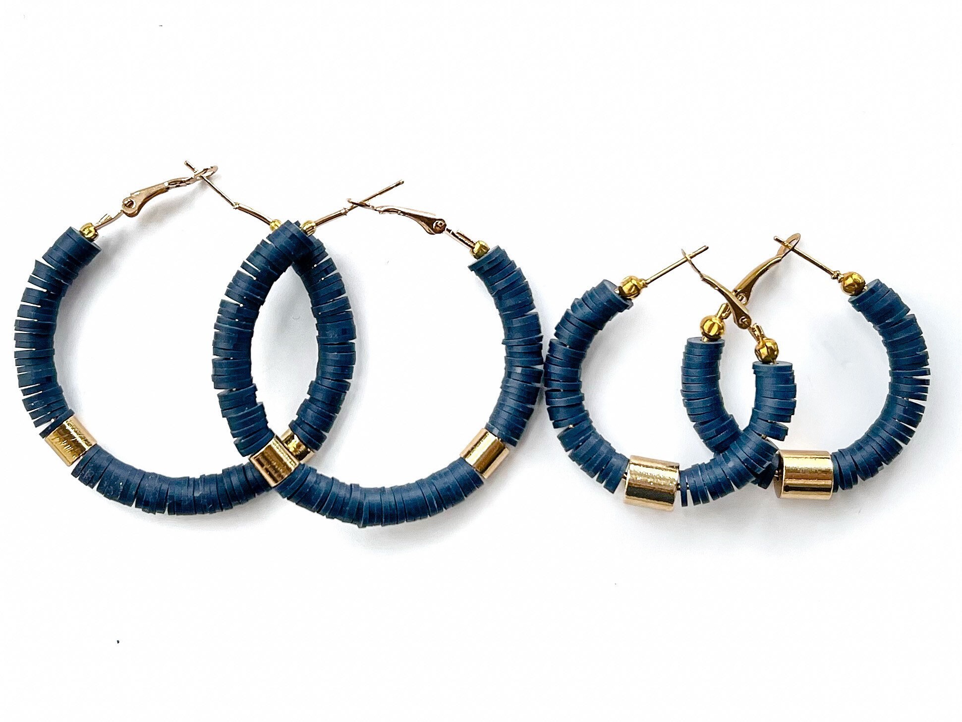 Navy Gold Earrings, Navy Hoops, Beaded Hoop Earrings Navy, Dark Blue ...