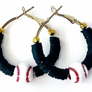 Baseball Hoop Earrings: 18k Gold Plated, Clay Heishi Beads