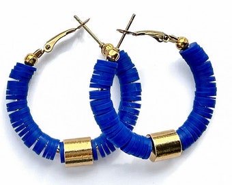 Indigo Hoops, Small Blue Hoops, Small Beaded Hoops, Colorful Hoop Earrings, Bright Summer Earrings, Blue Beaded Hoop Earrings