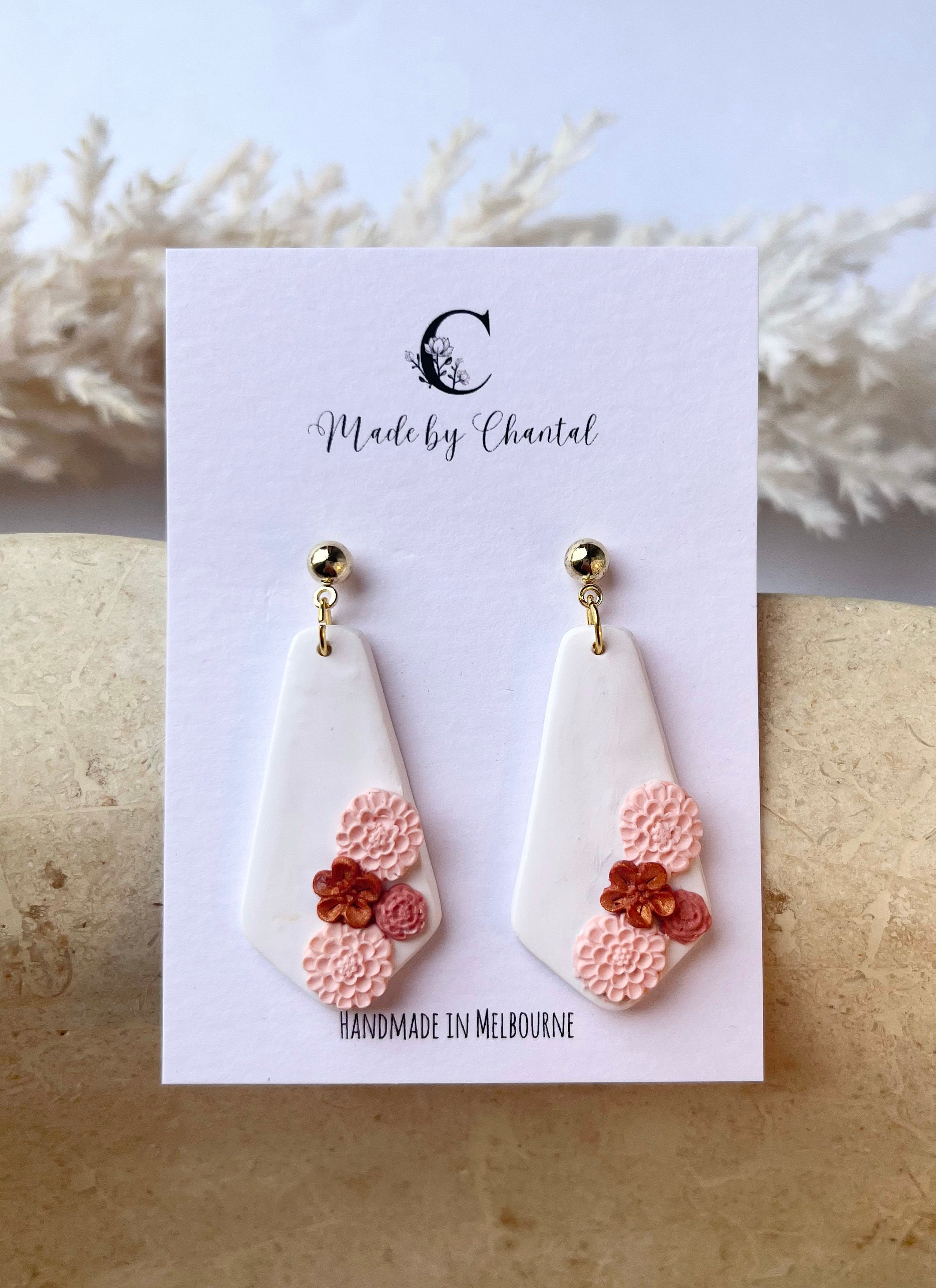Handmade Polymer Clay Earrings, Floral Earrings, Dangle Earrings, White Clay  Earrings, Wood Earrings, Flowers, Gift for Her, Gift Idea