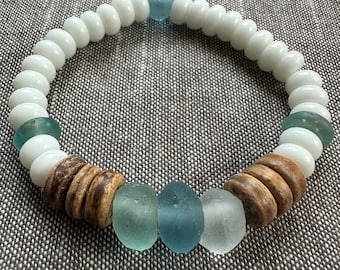 Beach Glass and Coconut Wood Bracelet