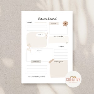 May include: A printable vision board template with sections for travel, goals, family, a new skill, friends, school, health, and money goals. The template is decorated with flowers and other illustrations.