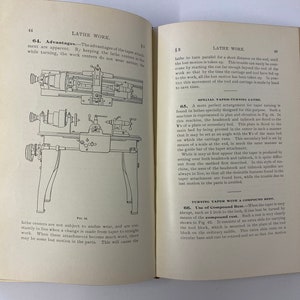 May include: A black and white illustration of a lathe machine with a detailed diagram of its components. The illustration shows the headstock, tailstock, carriage, and bed of the lathe. The text in the image reads "Lathe Work" and "Special Taper Turning Lathe".
