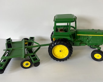 RARE FIND Vintage John Deere Tractor Die Cast Metal with Tilling Trailer, Green and Yellow, Farmer Replica, Farm Toys