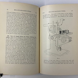 May include: A black and white illustration of a milling machine with a work piece clamped to the table. The illustration shows the angle plate, clamps, and packing blocks used to secure the work piece. The text "Fig. 5" is labeled below the illustration.