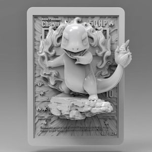 May include: A 3D-printed, grayscale Pokémon card featuring Charmander. The card has a raised relief design of Charmander with flames and text. The card reads "Basic Pokémon Charmander 50 HP" and includes other game details.