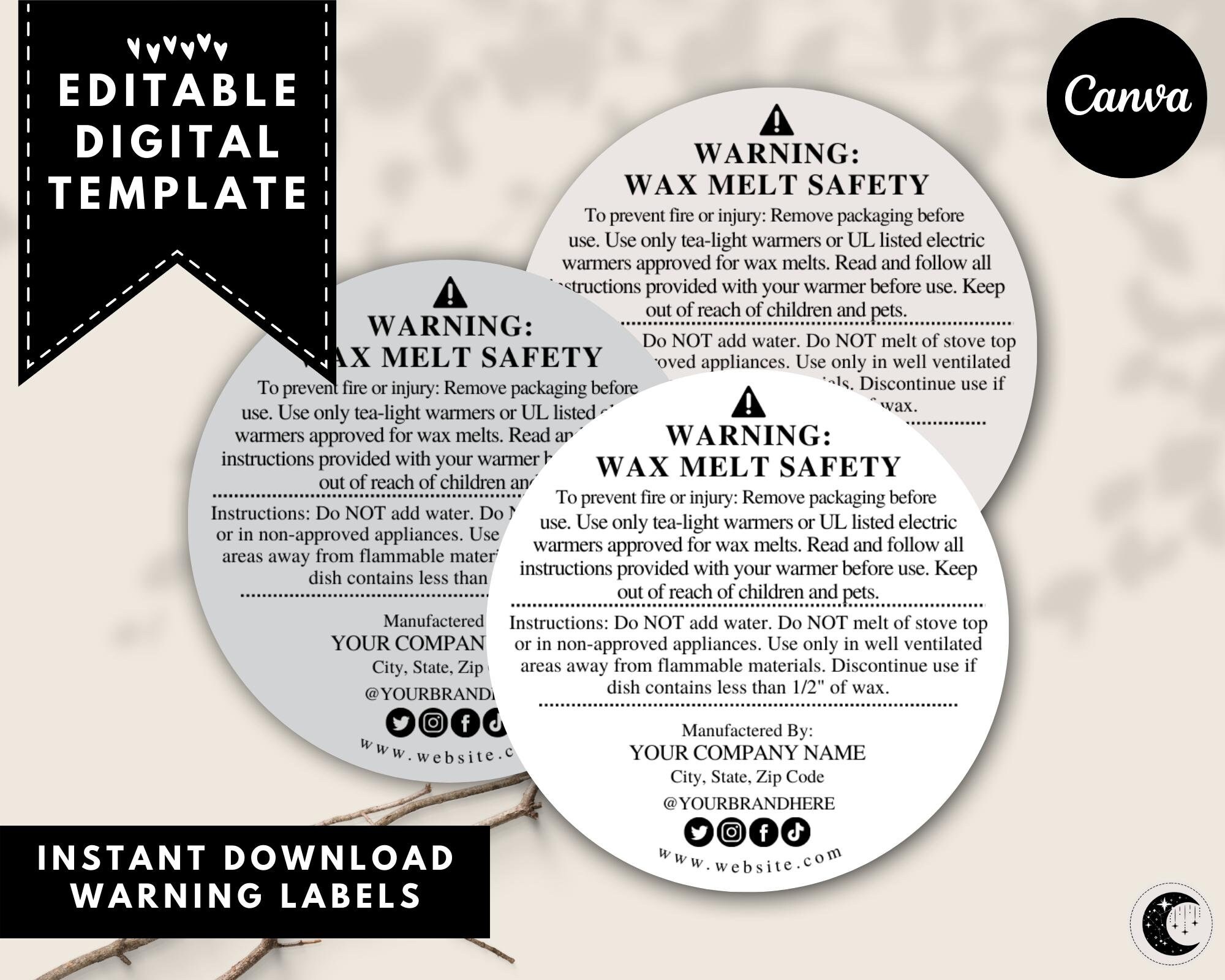 Wax Melt Warning Label Template DIGITAL DOWNLOAD Custom Editable