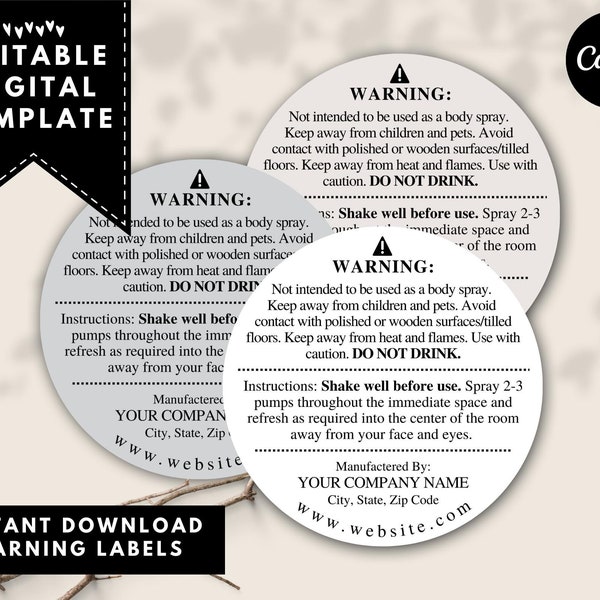 1.5" Round Circle Room Spray Safety Label | Editable Canva Template | DIGITAL DOWNLOAD | DIY Custom Design