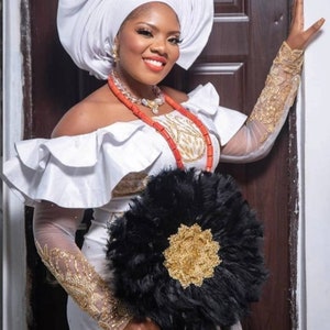 Leque de noiva 360 | Leque de penas | Casamento tradicional Handfan | Leque nupcial | Leque de penas nigeriano