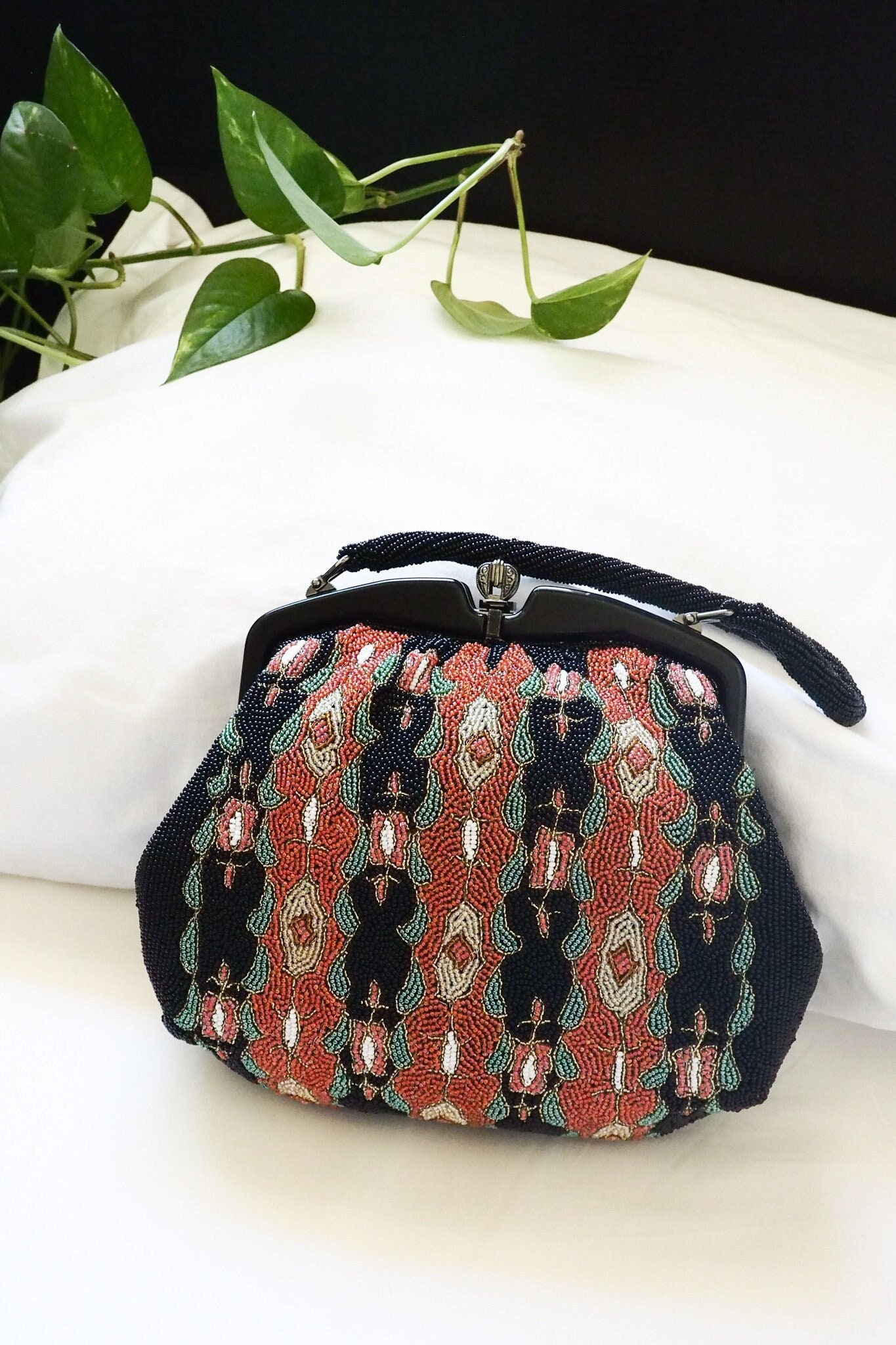 Japanese Vintage Beaded Bag For Kimono Silk Swirl/Plant Pattern