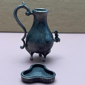 Vintage German Solid Pewter Miniature Coffee Water Lemonade Urn with Tray - Dollhouse Size
