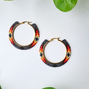 Goddess Aztec Tribal Beaded Hoop Earrings (black)