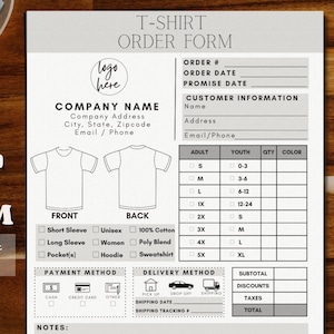 Tshirt Order Form, Shirt Order Form, T Shirt Order Form, Order Form Template, Order Form, Printable Order Form, T-shirt Order Form