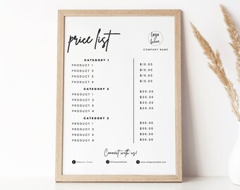 Plantilla de lista de precios, lista de precios, gráfico de precios, guía de precios, hoja de precios, lista de precios moderna, lista de precios comerciales, lista de precios de salón, editable