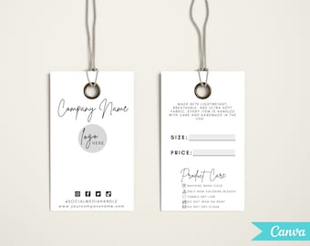 May include: Two white product tags with a string attached. One tag has "Company Name" in script, a logo placeholder, and social media icons. The other tag includes care instructions and space for size and price.