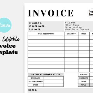 May include: A black and white invoice template with the word "INVOICE" in bold at the top. The template includes fields for invoice number, issued date, due date, item description, quantity, price, total, bank name, account number, other, subtotal, discounts, taxes, and total. The template also includes a section for notes.