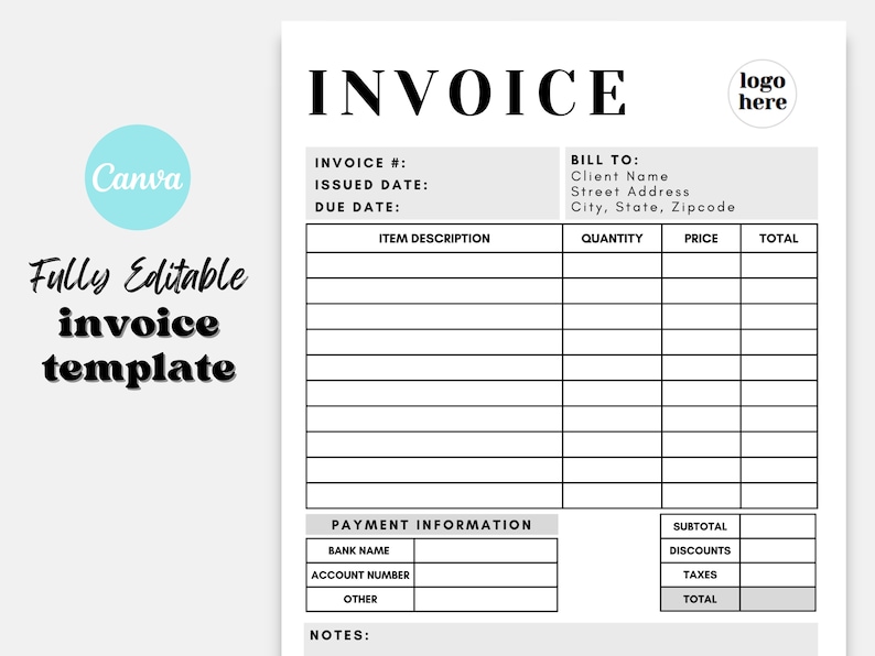May include: A black and white invoice template with the word "INVOICE" in bold at the top. The template includes fields for invoice number, issued date, due date, item description, quantity, price, total, bank name, account number, other, subtotal, discounts, taxes, and total. The template also includes a section for notes.