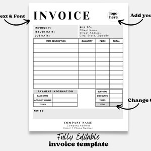 May include: A black and white printable invoice template with fields for invoice number, issued date, due date, item description, quantity, price, total, bank name, account number, other, notes, subtotal, discounts, taxes, and total. The template also includes space for a company name, address, and contact information. The text "Fully Editable invoice template" is at the bottom of the page.