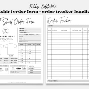 May include: A black and white printable t-shirt order form and order tracker. The form includes sections for customer information, order details, payment method, delivery method, and notes. The tracker includes columns for date, invoice number, customer name, item description, total, estimated delivery date, shipped, and received.