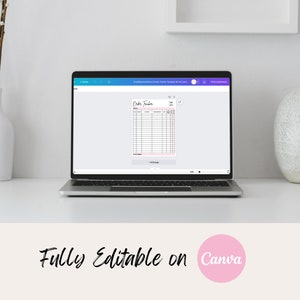 May include: A laptop displays an "Order Tracker" template with pink accents. The text "Fully Editable on Canva" is below the laptop. A white vase with branches and a wooden pencil holder are on the left. A textured white vase is on the right.
