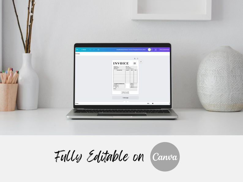 May include: A laptop computer displaying a black and white invoice template on the screen. The text "INVOICE" is visible at the top of the template. The text "Fully Editable on Canva" is visible below the laptop.