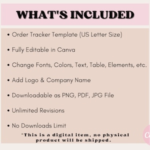 May include: A digital product listing with the text "WHAT'S INCLUDED" at the top. The list includes an order tracker template, fully editable in Canva, with options to change fonts, colors, and add a logo. It is downloadable as PNG, PDF, or JPG files, with unlimited revisions and no download limits.