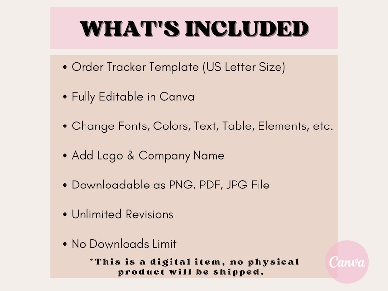 May include: A digital product listing with the text "WHAT'S INCLUDED" at the top. The list includes an order tracker template, fully editable in Canva, with options to change fonts, colors, and add a logo. It is downloadable as PNG, PDF, or JPG files, with unlimited revisions and no download limits.