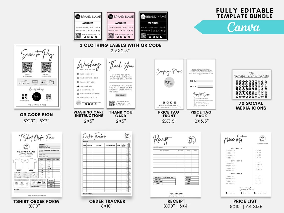Small Business Bundle, Printable Clothing Labels, Tshirt Order Form ...