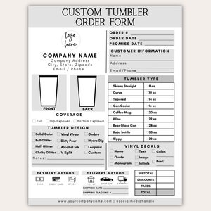 Tumbler Order Form, Editable Tumbler Order Form Template, Custom Tumbler Form, Editable Tumbler Work Order, Order Form,  Order Form Template