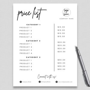 Price List Template, Price List, Price Chart, Price Guide, Price Sheet, Modern Price List, Business Price List, Salon Price List, Editable
